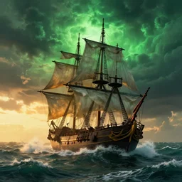 pirate sloop, heavy winds, huge waves, supernatural green clouds, sunset, dramatic lighting, digital art, by ricardo robles,