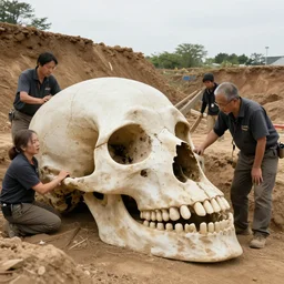 human paleontologists find a giant skull inside a dig site, photography