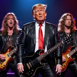 a photo of Donald trump as a front man in a glam metal band