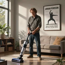 Jordan Peterson cleans his room with a vacuum, motivational workout poster, high detail, realistic, mid shot, open
