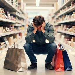man depressed by the high interest purchases he made, stylized