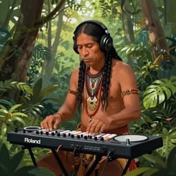 an indigenous shaman with headphnes playing with a roland drum machine in the jungle, poster art by daniele caruso, benediktus budi, jason edmiston, vc johnson, powell peralta