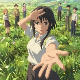 highly detailed portrait of beautiful girl with anime features standing in a peaceful meadow, detailed hands, dynamic pose, stephen bliss, unreal engine, fantasy art by greg rutkowski, loish, rhads, ferdinand knab, makoto shinkai and lois van baarle, ilya kuvshinov, rossdraws, tom bagshaw, global illumination, radiant light, detailed and intricate environment
