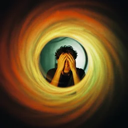 Behind the troubled indecisive man was The portal into his imagination containing a swirling vortex of memories and ideas.  35mm photograph, f22 crisp focus, dramatic lighting. Award winning photography. Introspective. Red orange yellow green themed.