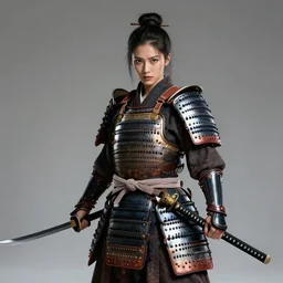 epic woman warrior wearing a samurai armor and a long katana