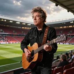 bob dylan playing his guitar in the fulham football club stadium, photograph