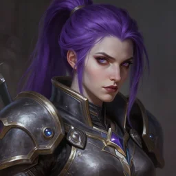 alexey gurylev, close up portrait, pale woman in power armor with purple ponytail hair, mysterious, deep focus, d & d, fantasy, complex, elegant, highly detailed, digital painting, artstation, concept art, matte, clear focus, illustration, hearthstone, artgerm art, greg rutkovsky and alphonse mucha