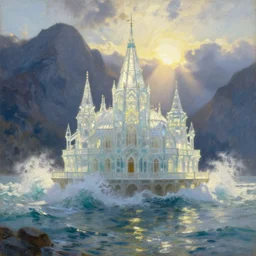 oil painting of translucent glass castle in dawn by anders zorn, wonderful art by greg rutkowski, incredible lighting, shadows, beautiful cinematic light, american romanticism by greg manchess, tall rocky mountains and storm clouds, sun rays, sunshine, bright sunny summer day, tall backlit waves, wild water, reflections and refraction, transparent crystal architecture