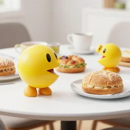 color photo still of pac - man and ms pac - man, realistic at the breakfast table