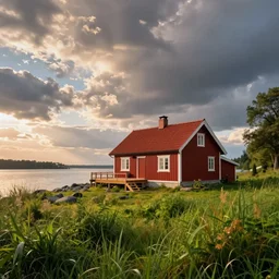 scandinavian style house on the lake shore panoramic landscape, cinematic view, epic sky, detailed, concept art, low angle, high detail, warm lighting, volumetric, godrays, vivid, beautiful, trending on artstation, by jordan grimmer, huge scene, grass, art greg rutkowski