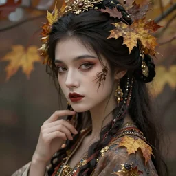 a graceful autumn goddess, enigmatic beauty, esoteric, muted colors, head in focus, autumn aesthetics, intricate details, elegant, highly detailed, hyperrealistic concept art, painterly, sharp focus, art by karol bak