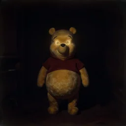 winnie the pooh with glowing eyes standing creepily in the middle of a pitch black room, pitch black, light coming only from his eyes, creepy, dramatic lighting, daguerreotype photograph