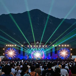 epic outdoor rock festival with laser light show and a mountainous backdrop. amazing concert