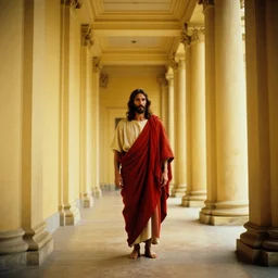 1 9 7 0 s movie still of jesus in red drapery in a fade yellow neoclassical corridor with collums, cinestill 8 0 0 t 3 5 mm, high quality, heavy grain, high detail, panoramic, ultra wide lens, cinematic light, dramatic light, anamorphic