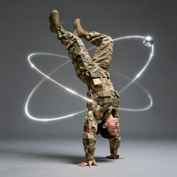 a perfect colorised military portrait photograph of a backflip woman constructed of a series of cuboids, mixed material and orbited by dazzling sharp ellipses of razorlike light. perfect studio lighting.