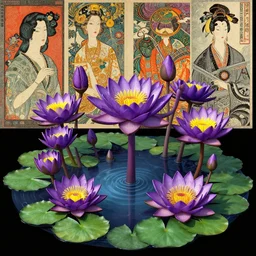 waterlily plants stylized warhammer 4 0 k, cyber japan style, flowery, waterlily scifi pond, jeff koons sculpted, purple and yellow, highly detailed, artstation, bandai box art, moebius, jugendstil and classic japanese print, jean delville, peter max, rene magritte