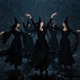 midnight mass witches dancing in rain. dynamic gestures. flowing lines and colors highlight the movement. serenity.., film still by kubrick, depicted by herbert james draper, arnold bocklin, john willaim godward, sir lawrence alma - tadema. vibrant dark color palette, very intricate details, minimalist.