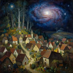 a beautiful painting of medieval village, with magical forest, in another galaxy, by david noren and zdzisław beksinski