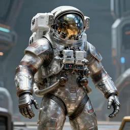 giant metal statue of two astronauts, futuristic spaceport, bokeh, character portrait, concept art, intricate details, highly detailed photorealistic portrait in the style of brom and seseon yoon, digital art, realistic painting, sci fi, character design, trending on artstation