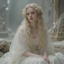 cinestill 5 0 d depht of gfield of a dreamy beautiful pre - raphaelite amore and psyche myth in style of annie liebovitz - john watherhouse, sitting in a dystopian environment, elegant, highly detailed, pale tonal matt, soft blur, artstation, head in focus