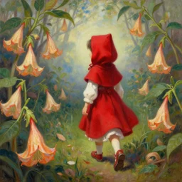 oil painting of little red riding hood walking through a fantasy landscape filled with brugmansia suaveolens flowers