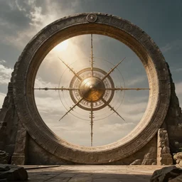 ancient occult stargate made of stone that form a circle, cinematic view, epic sky