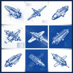 collage of spaceship blueprints
