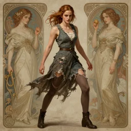 clear portrait of emma watson, sinister appearance, ripped clothing, athletic, cottagecore!!, background hyper detailed, character concept, full body, dynamic pose, intricate, elegant, highly detailed, digital painting, artstation, concept art, smooth, sharp focus, illustration, art by artgerm and greg rutkowski and alphonse mucha