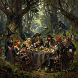 fantasy painting with a forest party where witches and pirates are having lots of fun and rum, by Greg Rutkowski and Michael Whelan