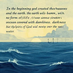 in the beginning god created the heavens and the earth. the earth was barren, with no form of life ; it was under a roaring ocean covered with darkness. but the spirit of god was moving over the water.