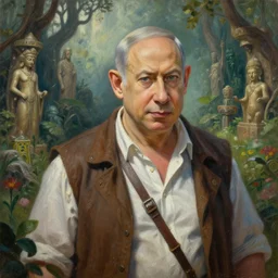 insanely detailed painting of benjamin netanyahu as an explorer, exploring a forbidden garden old gods, depth of field, natural lighting, high contrast art, benjamin netanyahu, by paul lehr and tim hildebrandt and gediminas pranckevicius