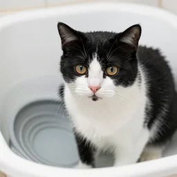 black and white cat washing dishes, dslr photo