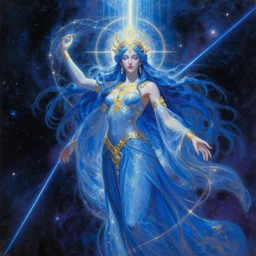 a blue goddess with golden adornments quarter turn figurative anime portrait, in space, transcending to a higher plane, the eternal blessing the holy nexus, in the multiverse, lazer light beaming down to top of her head, tim hildebrandt, wayne barlowe, bruce pennington, donato giancola, larry elmore, masterpiece, trending on artstation, cinematic composition, beautiful lighting, hyper detailed!, 8 k, oil on canvas