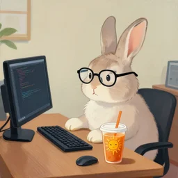 A bunny wearing glasses, sitting at a computer writing code with a High Noon Sun Sip drink on his desk. Academic painting by Greg Rutkowski, Mobile still frame. 4K UHD