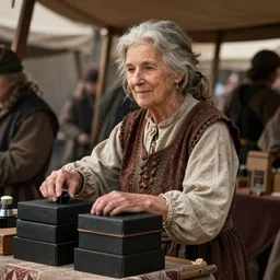 an older lady with gray hair selling black boxes at a medieval market stall