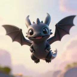 a portrait of a cute happy tiny black chibi dragon flying through the air, wings spread, black eyes, artstation, by magali villeneuve, dreamworks, depth of field, beautiful lighting, pastel colors, bokeh, fantasy art