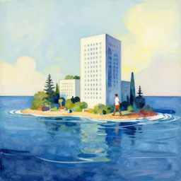 “a building walking out of the ocean onto an island, abstract drawing, trending on ArtStation”