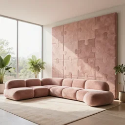 suede plush interlocking puzzle walls interior living room, ceiling to floor windows, soft modern colors, plush puzzle furniture, minimalism, morning light, plants, unreal render, award winning photograph