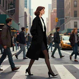 5 0 foot tall woman walking down a corwded new york city street, matte painting, stylized background, cinematic lighting, octane, concept art, syd mead detaled illustration, moebius, artstation