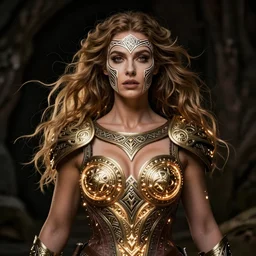 portrait of the beautiful posing celtic warrior queen with sexy neckline and with traditional celtic face painting in the style of anna dittmann and in the style of wayne barlowe. glowing, ornate and intricate, stunning, dynamic lighting, intricate and detailed.