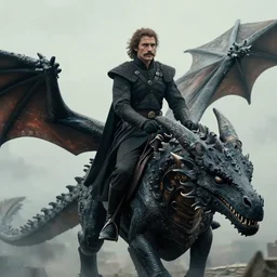 of an athletic and elegant man with a mustache looking like Guillaume Briant riding a Dragon above Bordeaux, in the style of Game of Throne 8th season very matte colors, mysterious and misty