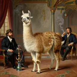 orientalist painting of a llama standing in a palace smoking hookah by jean - leon gerome and otto pilny and adrien henri tanoux. cinematic, hyper realism, high detail 8 k