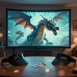 3 d dragon popping out of curved movie screen, volumetric lighting, bedroom, visor, users, pair of keycards on table, bokeh, creterion collection, shot on 7 0 mm, instax