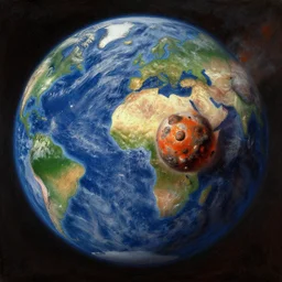 earth during the cretaceous – paleogene extinction event, just as the asteroid is colliding with earth, focus is on the asteroid itself in the style of hudson river school of art, oil on canvas