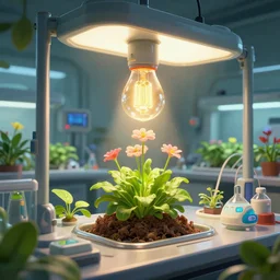 plant laboratory ， hydroponics flower ， research office ， incandescent lamp ， future science fiction. game cg, hyperdetailed, moebius, artstation