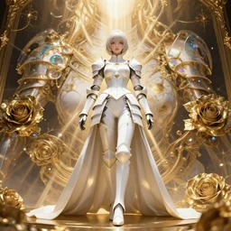 perfectly - centered!! looking at the camera!!! low - angle!! full body portrait of a high resolution anime girl dressed in white armor, clothed, godrays, golden, baroque style, roses, intricate abstract upper body intricate artwork, by tooth wu, wlop, beeple, dan mumford. concept art, octane render, deviantart, greg rutkowski, cinematic arthouse, key art, hyper realism, iridescent accents