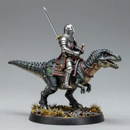 mini of medieval english knight in full armor with sword riding a dinosaur in full armor, heavy cavalry, Asgard rising, 28mm scale
