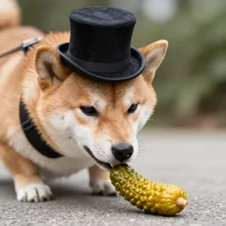 realistic photo of shiba inu wearing top hat while sniffing pickle