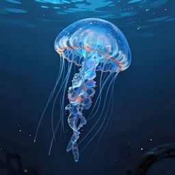 Smal cyberpunk jellyfish, blue tones, underwater, 360, highly detailed, digital painting, artstation, concept art, smooth, sharp focus, illustration, art by artgerm and greg rutkowski and alphonse mucha