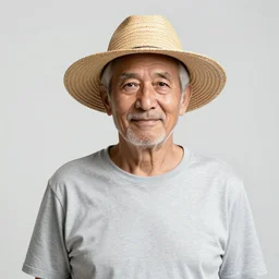 old man in with short grey hair wearing a straw hat standing in a garden, yellow t shirt, jeans, brown leather shoes, photography, high detail, award winning photography